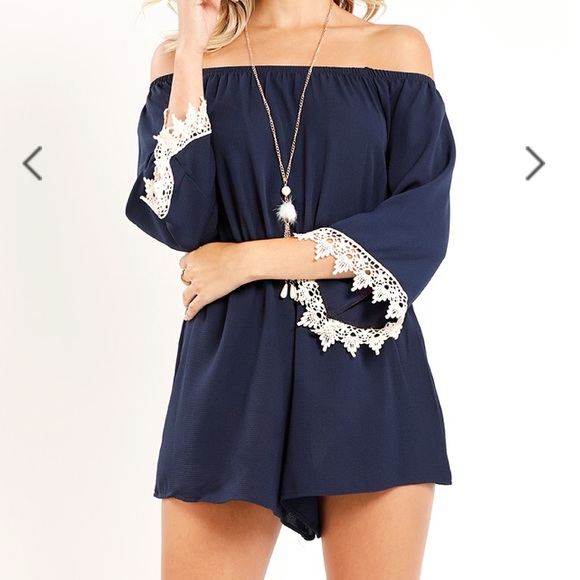 Papaya Pants - Navy blue romper with lace.